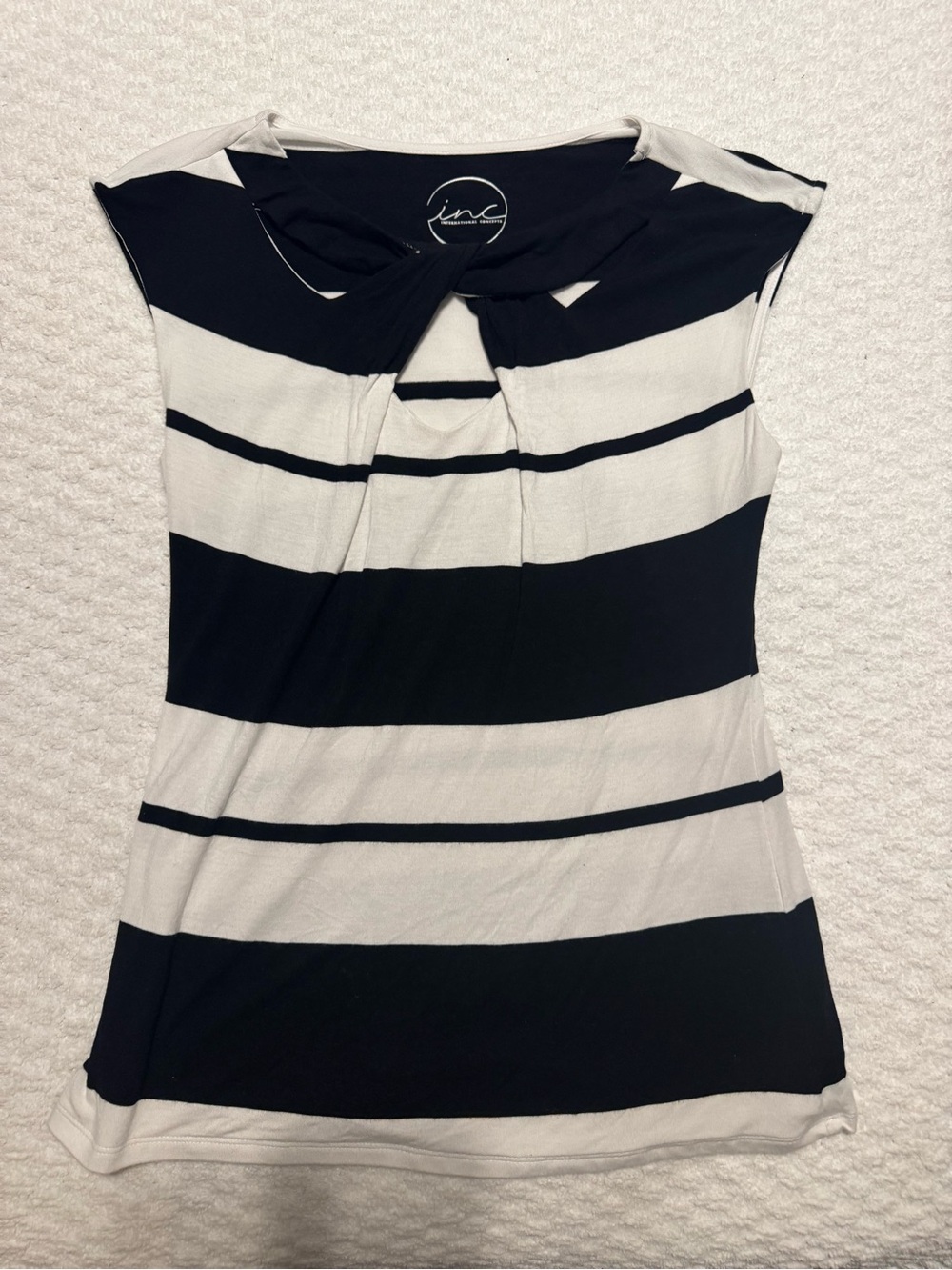 INC International Concepts Black & White Striped Twist-Neck keyhole cut out top